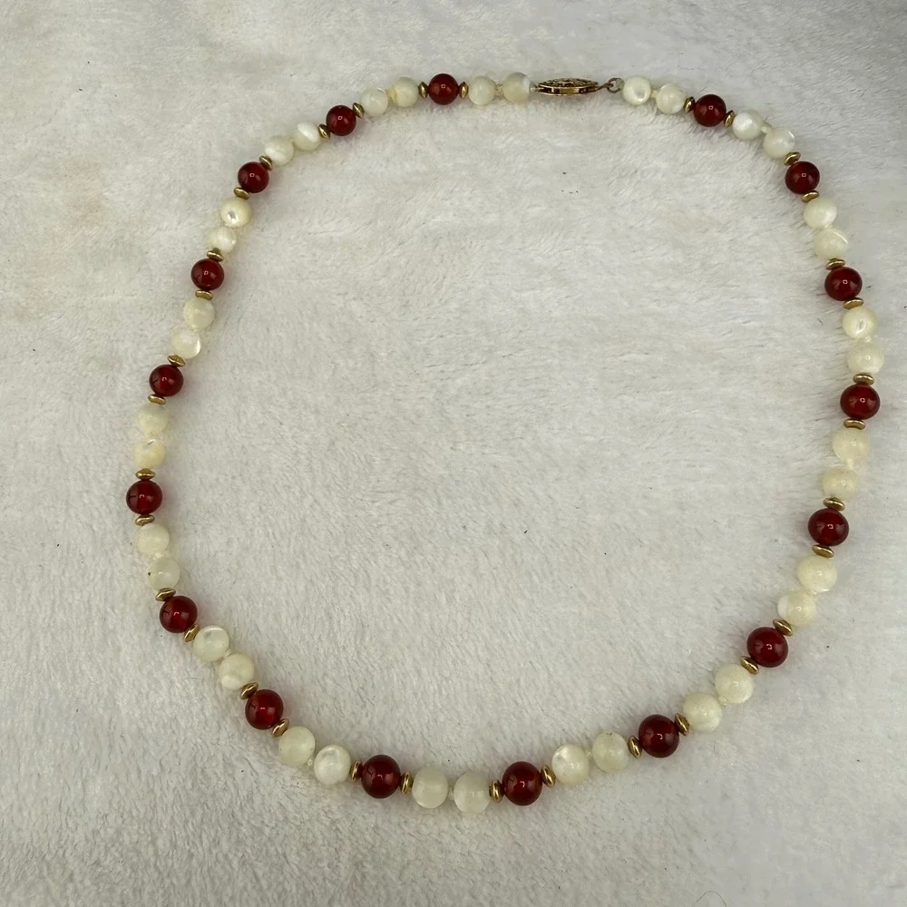 Vintage  Necklace Earring Set Red White Beaded Gold Tone 6mm 17